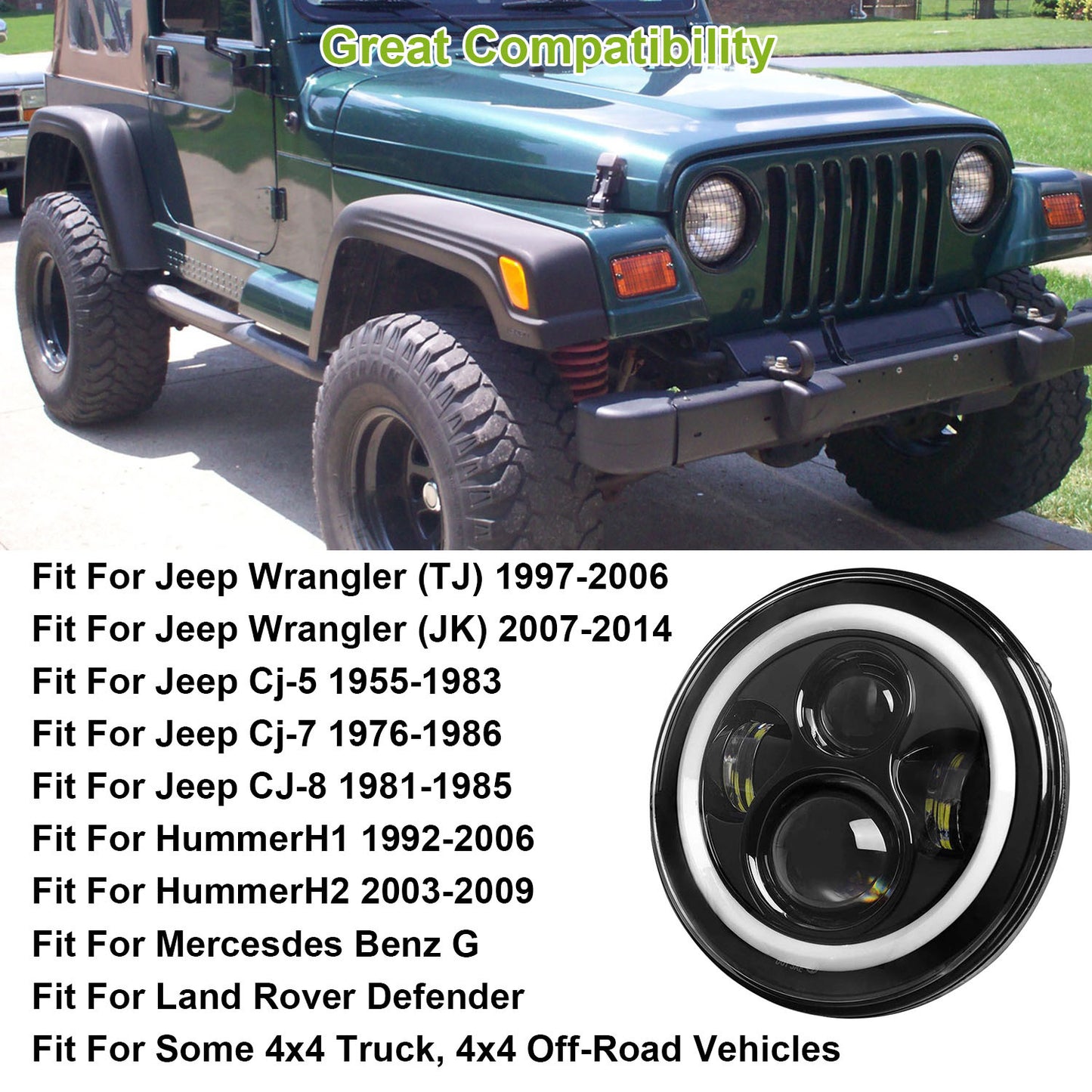 2Pc 7in 6000LM Round LED Headlight Halo Angel Eyes For Jeep Wrangler TJ JK CJ With H4 To H13 Adapter Plug And Play