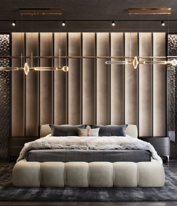 Luxurious bedroom with plush bedding, elegant lighting, and modern decor.