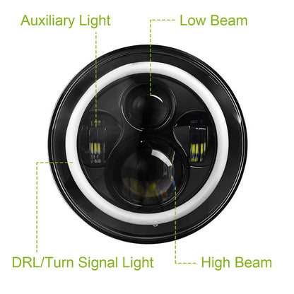 2Pc 7in 6000LM Round LED Headlight Halo Angel Eyes For Jeep Wrangler TJ JK CJ With H4 To H13 Adapter Plug And Play