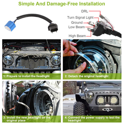 2Pc 7in 6000LM Round LED Headlight Halo Angel Eyes For Jeep Wrangler TJ JK CJ With H4 To H13 Adapter Plug And Play