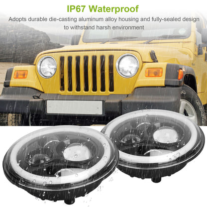 2Pc 7in 6000LM Round LED Headlight Halo Angel Eyes For Jeep Wrangler TJ JK CJ With H4 To H13 Adapter Plug And Play