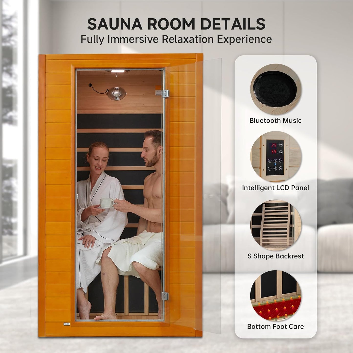 Far Infrared Sauna for Home, Home Infrared Saunas up to 2 Person, Indoor Canadian Hemlock Wood Sauna Room with near Zero Emf, 9 Chromo Therapy Lights, Bluetooth Speakers for Personal Spa
