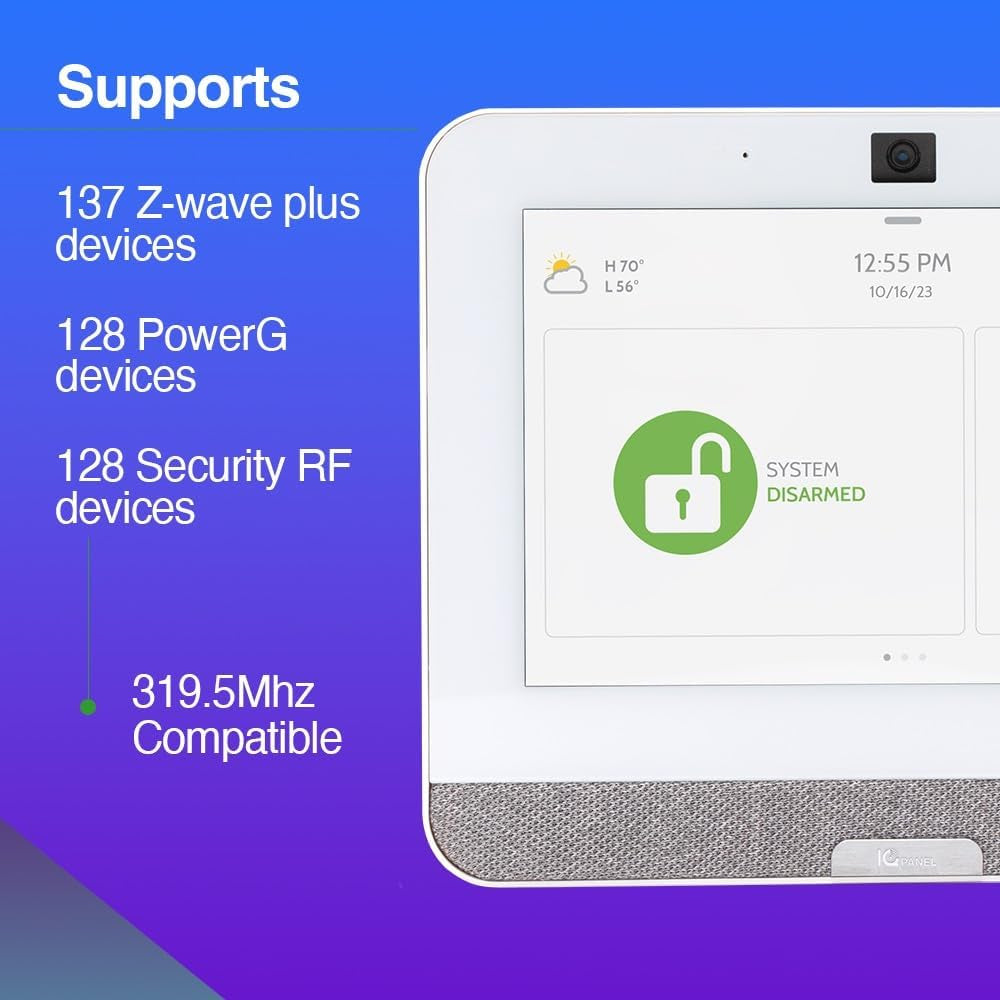 IQ Panel 4: Wireless Smart Home Security System Alarm Panel for House Protection and Home Automation. Easily Integrate with Alexa, Window Alarms, Cameras and More. 319.5 Mhz