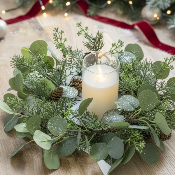 2PCS Set Christmas Wreath Eucalyptus Candle Rings 14.2in Green Artificial Plants Home Door Decor Holiday Wall Pendant FBA Shipment