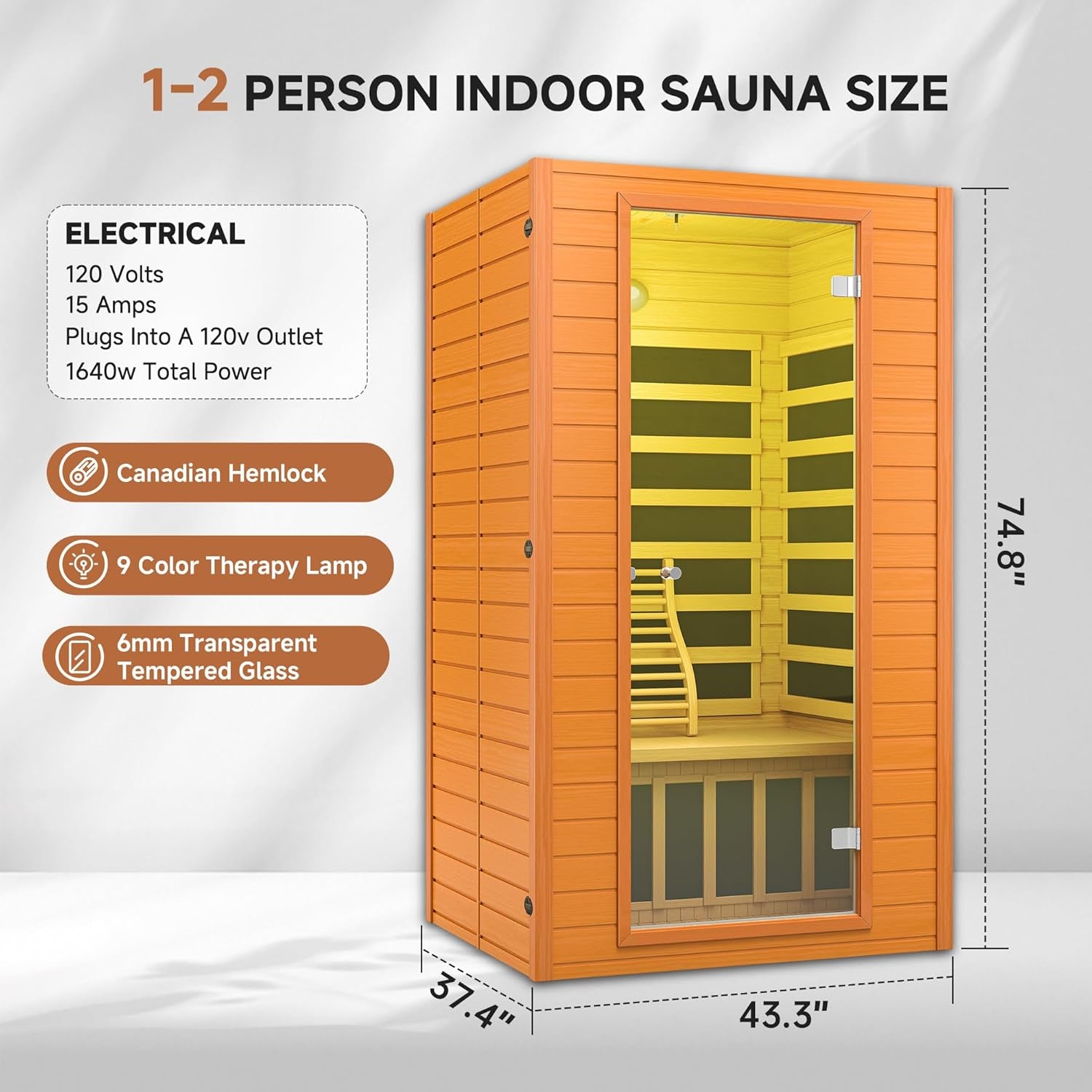 Far Infrared Sauna for Home, Home Infrared Saunas up to 2 Person, Indoor Canadian Hemlock Wood Sauna Room with near Zero Emf, 9 Chromo Therapy Lights, Bluetooth Speakers for Personal Spa