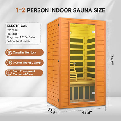 Far Infrared Sauna for Home, Home Infrared Saunas up to 2 Person, Indoor Canadian Hemlock Wood Sauna Room with near Zero Emf, 9 Chromo Therapy Lights, Bluetooth Speakers for Personal Spa
