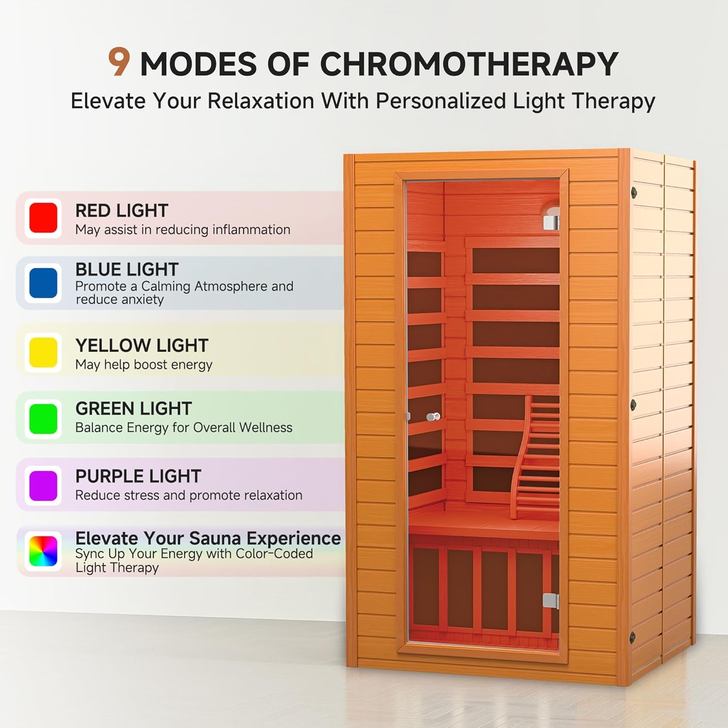 Far Infrared Sauna for Home, Home Infrared Saunas up to 2 Person, Indoor Canadian Hemlock Wood Sauna Room with near Zero Emf, 9 Chromo Therapy Lights, Bluetooth Speakers for Personal Spa